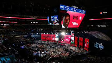 ARLINGTON, TX - APRIL 26: A video board displays an image of Calvin Ridley of Alabama after he was picked #26 overall by the Atlanta Falcons during the first round of the 2018 NFL Draft at AT&T Stadium on April 26, 2018 in Arlington, Texas. (Photo by Tim Warner/Getty Images)