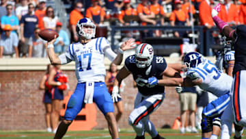 CHARLOTTESVILLE, VA - OCTOBER 7: Daniel Jones #17 of the Duke Blue Devils throws a pass during a game against the Virginia Cavaliers at Scott Stadium on October 7, 2017 in Charlottesville, Virginia. (Photo by Ryan M. Kelly/Getty Images)