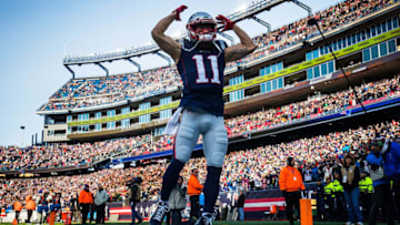 FOXBOROUGH, MA - DECEMBER 29: Julian Edelman #11 of the New England Patriots reacts before a game against the Miami Dolphins at Gillette Stadium on December 29, 2019 in Foxborough, Massachusetts. (Photo by Adam Glanzman/Getty Images)