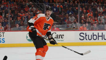 PHILADELPHIA, PENNSYLVANIA - MARCH 27: Samuel Morin #5 of the Philadelphia Flyers skates against the Toronto Maple Leafs at the Wells Fargo Center on March 27, 2019 in Philadelphia, Pennsylvania. The Flyers defeated the Leafs 5-4 in the shoot-out. (Photo by Bruce Bennett/Getty Images)