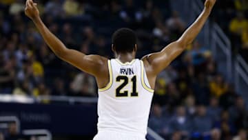 Jan 4, 2017; Ann Arbor, MI, USA; Michigan Wolverines guard Zak Irvin (21) celebrates during the second half against the Penn State Nittany Lions at Crisler Center. Michigan won 72-69. Mandatory Credit: Rick Osentoski-USA TODAY Sports