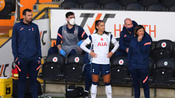BARNET, ENGLAND - NOVEMBER 07: Alex Morgan of Tottenham Hotspur prepares to be substituted on during the Barclays FA Women's Super League match between Tottenham Hotspur Women and Reading Women at The Hive on November 07, 2020 in Barnet, England. Sporting stadiums around the UK remain under strict restrictions due to the Coronavirus Pandemic as Government social distancing laws prohibit fans inside venues resulting in games being played behind closed doors. (Photo by Alex Davidson/Getty Images)