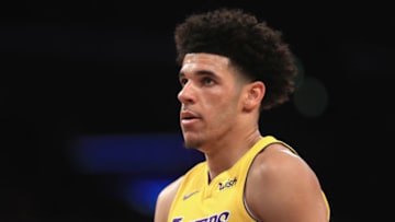 LOS ANGELES, CA - OCTOBER 02: Lonzo Ball #2 of the Los Angeles Lakers looks on during the first half of a preseason game against the Denver Nuggets at Staples Center on October 2, 2017 in Los Angeles, California. NOTE TO USER: User expressly acknowledges and agrees that, by downloading and or using this Photograph, user is consenting to the terms and conditions of the Getty Images License Agreement (Photo by Sean M. Haffey/Getty Images)
