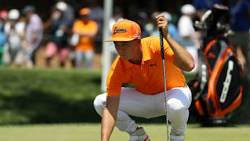 BETHESDA, MD - JUNE 26: Rickie Fowler lines up a putt on the sixth green during the final round of the Quicken Loans National at Congressional Country Club on June 26, 2016 in Bethesda, Maryland. (Photo by Patrick Smith/Getty Images)