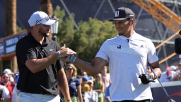 LAS VEGAS, NEVADA - JUNE 01: Josh Allen and Patrick Mahomes react during Capital One's The Match VI - Brady & Rodgers v Allen & Mahomes at Wynn Golf Club on June 01, 2022 in Las Vegas, Nevada. (Photo by Carmen Mandato/Getty Images for The Match)