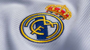 MANCHESTER, ENGLAND - JULY 19: The Real Madrid club crest on the first team home shirt on July 19, 2020 in Manchester, United Kingdom. (Photo by Visionhaus)