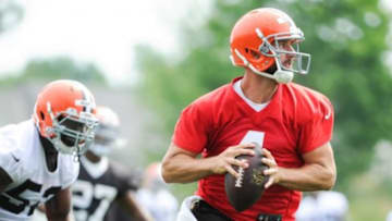 Jul 26, 2014; Berea, OH, USA; Cleveland Browns quarterback Tyler Thigpen (4) during training camp at the Cleveland Browns training facility. Mandatory Credit: Ken Blaze-USA TODAY Sports