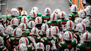 MIAMI, FLORIDA - SEPTEMBER 21: Miami Hurricanes wait to be introduced prior to the game against the Central Michigan Chippewas at Hard Rock Stadium on September 21, 2019 in Miami, Florida. (Photo by Mark Brown/Getty Images)