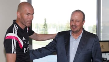 MADRID, SPAIN - JUNE 01: (EXCLUSIVE COVERAGE) Rafael Benitez (R) greets Zinedine Zidane head coach of the Real Madrid second team before his official unveiling as the new Real Madrid manager at Valdebebas training ground on June 1, 2015 in Madrid, Spain. (Photo by Angel Martinez/Real Madrid via Getty Images)