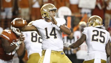 Sep 4, 2016; Austin, TX, USA; Notre Dame Fighting Irish quarterback DeShone Kizer (14) throws the ball against the Texas Longhorns at Darrell K Royal-Texas Memorial Stadium. Mandatory Credit: Soobum Im-USA TODAY Sports