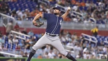 MIAMI, FL - JUNE 10: Brad Hand #52 of the San Diego Padres throws a pitch during the ninth inning against the Miami Marlins at Marlins Park on June 10, 2018 in Miami, Florida. (Photo by Eric Espada/Getty Images)
