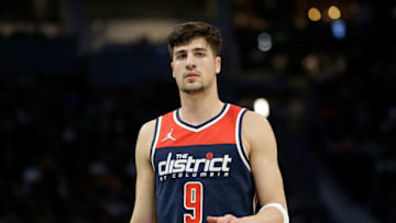MILWAUKEE, WISCONSIN - MARCH 24: Deni Avdija #9 of the Washington Wizards walks down court during the first half of the game against the Milwaukee Bucks at Fiserv Forum on March 24, 2022 in Milwaukee, Wisconsin. NOTE TO USER: User expressly acknowledges and agrees that, by downloading and or using this photograph, User is consenting to the terms and conditions of the Getty Images License Agreement. (Photo by John Fisher/Getty Images)