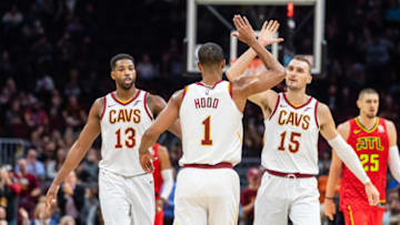 CLEVELAND, OH - OCTOBER 30: Tristan Thompson #13 and Sam Dekker #15 celebrate with Rodney Hood #1 of the Cleveland Cavaliers during the first half against the Atlanta Hawks at Quicken Loans Arena on October 30, 2018 in Cleveland, Ohio. NOTE TO USER: User expressly acknowledges and agrees that, by downloading and/or using this photograph, user is consenting to the terms and conditions of the Getty Images License Agreement. (Photo by Jason Miller/Getty Images)