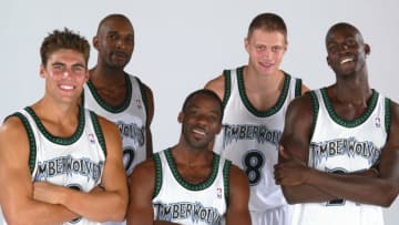 MINNEAPOLIS - SEPTEMBER 30: Wally Szczerbiak #10, Joe Smith #32, Terrell Brandon #7, Radoslav Nesterovic #8 and Kevin Garnett #21 of the Minnesota Timberwolves pose for a portrait during Media Day on September 30, 2002 at Target Center in Minneapolis, Minnesota. NOTE TO USER: User expressly acknowledges and agrees that, by downloading and/or using this Photograph, User is consenting to the terms and conditions of the Getty Images License Agreement Mandatory Copyright Notice: Copyright 2002 NBAE (Photo by David Sherman/NBAE/Getty Images)