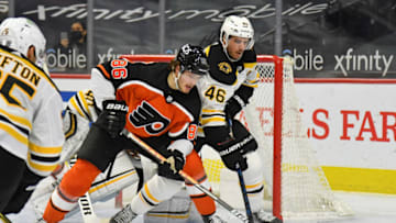 Joel Farabee, Philadelphia Flyers and David Krejci, Boston Bruins (Mandatory Credit: Eric Hartline-USA TODAY Sports)