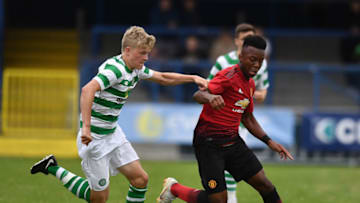 COLERAINE, NORTHERN IRELAND - JULY 21: Ethan Laird of Manchester United and Scott Robertson of Celtic during the U19 NI Super Cup gala match between Manchester United and Celtic at Coleraine Showgrounds on July 21, 2018 in Coleraine, Northern Ireland. (Photo by Charles McQuillan/Getty Images)