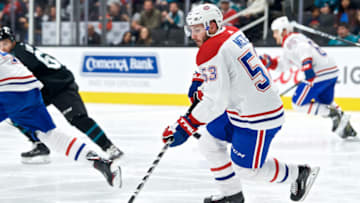 SAN JOSE, CA - MARCH 07: Montreal Canadiens defenseman Victor Mete (53) carries the puck during the San Jose Sharks game versus the Montreal Canadiens on March 7, 2019, at SAP Center at San Jose in San Jose, CA." (Photo by Matt Cohen/Icon Sportswire via Getty Images)