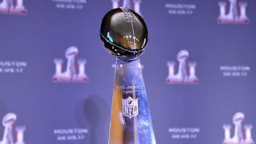 Feb 8, 2016; San Francisco, CA, USA; General view of Super Bowl LI logo and Lombardi Trophy during press conference at the Moscone Center. Mandatory Credit: Kirby Lee-USA TODAY Sports