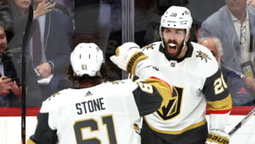 SUNRISE, FLORIDA - JUNE 10: Chandler Stephenson #20 of the Vegas Golden Knights is congratulated by Mark Stone #61 after scoring a goal against the Florida Panthers during the second period in Game Four of the 2023 NHL Stanley Cup Final at FLA Live Arena on June 10, 2023 in Sunrise, Florida. (Photo by Patrick Smith/Getty Images)