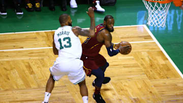 BOSTON, MA - MAY 13: LeBron James #23 of the Cleveland Cavaliers is defended by Marcus Morris #13 of the Boston Celtics during the first quarter in Game One of the Eastern Conference Finals of the 2018 NBA Playoffs at TD Garden on May 13, 2018 in Boston, Massachusetts. (Photo by Adam Glanzman/Getty Images)