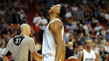Dec 20, 2015; Miami, FL, USA; Miami Heat center Hassan Whiteside (21) celebrates after scoring in the second half against the Portland Trailblazers at American Airlines Arena. Mandatory Credit: Robert Duyos-USA TODAY Sports