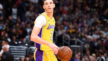 LOS ANGELES, CA - JANUARY 11: Lonzo Ball #2 of the Los Angeles Lakers handles the ball against the San Antonio Spurs on January 11, 2018 at STAPLES Center in Los Angeles, California. NOTE TO USER: User expressly acknowledges and agrees that, by downloading and/or using this photograph, user is consenting to the terms and conditions of the Getty Images License Agreement. Mandatory Copyright Notice: Copyright 2018 NBAE (Photo by Andrew D. Bernstein/NBAE via Getty Images)