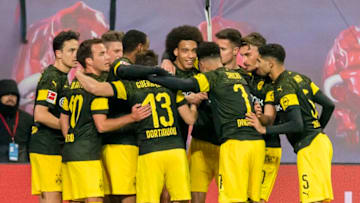 LEIPZIG, GERMANY - JANUARY 19: Axel Witsel of Borussia Dortmund celebrates after scoring the opening goal during the Bundesliga match between RB Leipzig and Borussia Dortmund at the Red Bull Arena on January 19, 2019 in Leipzig, Germany. (Photo by Alexandre Simoes/Borussia Dortmund/Getty Images)