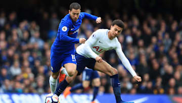 LONDON, ENGLAND - APRIL 01: Eden Hazard of Chelsea in action with Dele Alli of Tottenham Hotspur during the Premier League match between Chelsea and Tottenham Hotspur at Stamford Bridge on April 1, 2018 in London, England. (Photo by Marc Atkins/Offside/Getty Images)