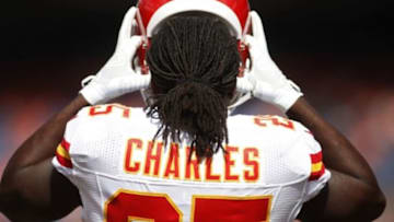 Sep 14, 2014; Denver, CO, USA; Kansas City Chiefs running back Jamaal Charles (25) before the game against the Denver Broncos at Sports Authority Field at Mile High. Mandatory Credit: Chris Humphreys-USA TODAY Sports