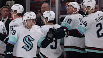Oct 23, 2022; Chicago, Illinois, USA; Seattle Kraken defenseman Vince Dunn (29) celebrates his second period goal against the Chicago Blackhawks at United Center. Mandatory Credit: Jamie Sabau-USA TODAY Sports