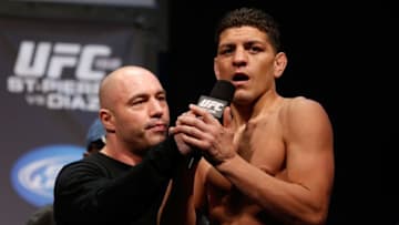 MONTREAL, QC - MARCH 15: Nick Diaz speaks with Joe Rogan during the UFC 158 weigh-in at Bell Centre on March 15, 2013 in Montreal, Quebec, Canada. (Photo by Josh Hedges/Zuffa LLC/Zuffa LLC via Getty Images)