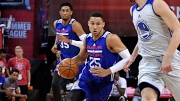 Jul 12, 2016; Las Vegas, NV, USA; Philadelphia 76ers forward Ben Simmons (25) dribbles the ball during an NBA Summer League game against the Golden State Warriors at Thomas & Mack Center. Golden State won the game 85-77. Mandatory Credit: Stephen R. Sylvanie-USA TODAY Sports