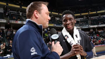 INDIANAPOLIS, IN - JANUARY 6: Victor Oladipo #4 of the Indiana Pacers talks to the media after the game against the Chicago Bulls on January 6, 2018 at Bankers Life Fieldhouse in Indianapolis, Indiana. (Photo by Ron Hoskins/NBAE via Getty Images)