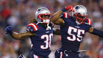 FOXBORO, MA - SEPTEMBER 22: Brandon Bolden #38 of the New England Patriots and Jonathan Freeny #55 celebrate during the second half against the Houston Texans at Gillette Stadium on September 22, 2016 in Foxboro, Massachusetts. (Photo by Maddie Meyer/Getty Images)