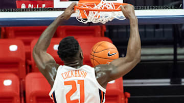 Nov 27, 2020; Champaign, Illinois, USA; Illinois Fighting Illini center Kofi Cockburn (21) slam dunks during the second half against the Ohio Bobcats at the State Farm Center. Mandatory Credit: Patrick Gorski-USA TODAY Sports