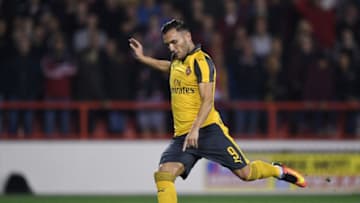 NOTTINGHAM, ENGLAND - SEPTEMBER 20: Lucas Perez of Arsenal scores his sides second goal from the penalty spot during the EFL Cup Third Round match between Nottingham Forest and Arsenal at City Ground on September 20, 2016 in Nottingham, England. (Photo by Shaun Botterill/Getty Images)