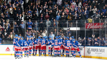 NEW YORK, NY - NOVEMBER 12: The New York Rangers celebrate after defeating the Pittsburgh Penguins in overtime at Madison Square Garden on November 12, 2019 in New York City. (Photo by Jared Silber/NHLI via Getty Images)