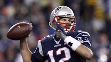 Sep 10, 2015; Foxborough, MA, USA; New England Patriots quarterback Tom Brady (12) throws the ball against the Pittsburgh Steelers during the second half at Gillette Stadium. Mandatory Credit: Mark L. Baer-USA TODAY Sports