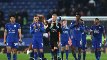 LEICESTER, ENGLAND - DECEMBER 02: Jamie Vardy of Leicester City, Kasper Schmeichel of Leicester City and Demarai Gray of Leicester City show appreciation to the fans after the Premier League match between Leicester City and Burnley at The King Power Stadium on December 2, 2017 in Leicester, England. (Photo by Matthew Lewis/Getty Images)