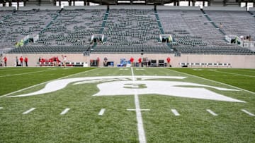 Sep 24, 2016; East Lansing, MI, USA; General view of mid-field logo honoring former Michigan State Spartans punter Mike Sadler prior to a game at Spartan Stadium. Mandatory Credit: Mike Carter-USA TODAY Sports
