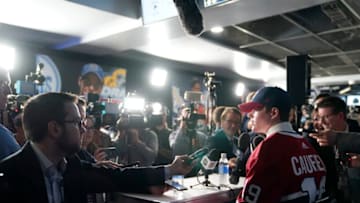 VANCOUVER, BRITISH COLUMBIA - JUNE 21: Cole Caufield speaks to the media after being selected fifteenth overall by the Montreal Canadiens during the first round of the 2019 NHL Draft at Rogers Arena on June 21, 2019 in Vancouver, Canada. (Photo by Rich Lam/Getty Images)
