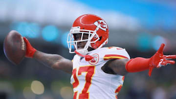 MEXICO CITY, MEXICO - NOVEMBER 18: Defensive back Rashad Fenton #27 of the Kansas City Chiefs celebrates an interception in the fourth quarter over the Los Angeles Chargers at Estadio Azteca on November 18, 2019 in Mexico City, Mexico. (Photo by Manuel Velasquez/Getty Images)