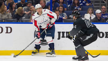 TAMPA, FL - MARCH 30: Alex Ovechkin #8 of the Washington Capitals against the Tampa Bay Lightning at Amalie Arena on March 30, 2019 in Tampa, Florida. (Photo by Scott Audette/NHLI via Getty Images)"n"n