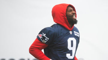 FOXBOROUGH, MA - JULY 28, 2021: Matt Judon #9 of the New England Patriots walks onto the field during training camp at Gillette Stadium on July 28, 2021 in Foxborough, Massachusetts. (Photo by Kathryn Riley/Getty Images)