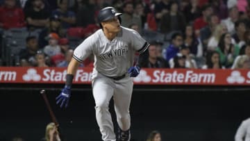 ANAHEIM, CA - APRIL 25: Gio Urshela #29 of the New York Yankees runs to first but line drives out against the Los Angeles Angels of Anaheim in the fifth inning at Angel Stadium of Anaheim on April 25, 2019 in Anaheim, California. (Photo by John McCoy/Getty Images)
