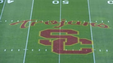 Nov 13, 2014; Los Angeles, CA, USA; General view of the Southern California Trojans logo at midfield before the game against the California Golden Bears at Los Angeles Memorial Coliseum. Mandatory Credit: Kirby Lee-USA TODAY Sports