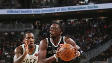MILWAUKEE, WI - DECEMBER 5: Eric Bledsoe #6 of the Milwaukee Bucks defends against Reggie Jackson #1 of the Detroit Pistons on December 5, 2018 at the Fiserv Forum Center in Milwaukee, Wisconsin. NOTE TO USER: User expressly acknowledges and agrees that, by downloading and or using this Photograph, user is consenting to the terms and conditions of the Getty Images License Agreement. Mandatory Copyright Notice: Copyright 2018 NBAE (Photo by Gary Dineen/NBAE via Getty Images).