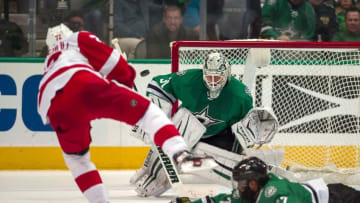 Feb 29, 2016; Dallas, TX, USA; Dallas Stars goalie Antti Niemi (31) stops a shot by Detroit Red Wings center Andreas Athanasiou (72) during the third period at American Airlines Center. Athanasiou scored two goals. The Red Wings defeated the Stars 3-2 in overtime. Mandatory Credit: Jerome Miron-USA TODAY Sports