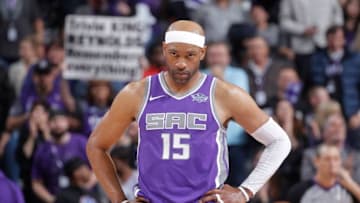 SACRAMENTO, CA - APRIL 11: Vince Carter #15 of the Sacramento Kings looks on during the game against the Houston Rockets on April 11, 2018 at Golden 1 Center in Sacramento, California. NOTE TO USER: User expressly acknowledges and agrees that, by downloading and or using this photograph, User is consenting to the terms and conditions of the Getty Images Agreement. Mandatory Copyright Notice: Copyright 2018 NBAE (Photo by Rocky Widner/NBAE via Getty Images)