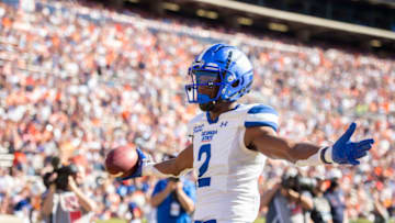 AUBURN, ALABAMA - SEPTEMBER 25: Wide receiver Jamari Thrash #2 of the Georgia State Panthers celebrates after scoring a touchdown during the second quarter of play during their game against the Auburn Tigers at Jordan-Hare Stadium on September 25, 2021 in Auburn, Alabama. (Photo by Michael Chang/Getty Images)